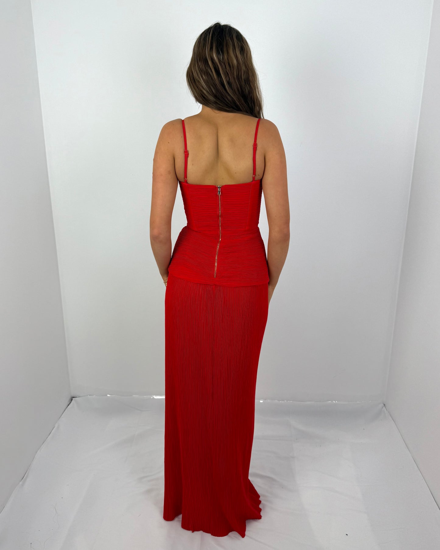 RED DOUBLE TIME PLEAT DRESS