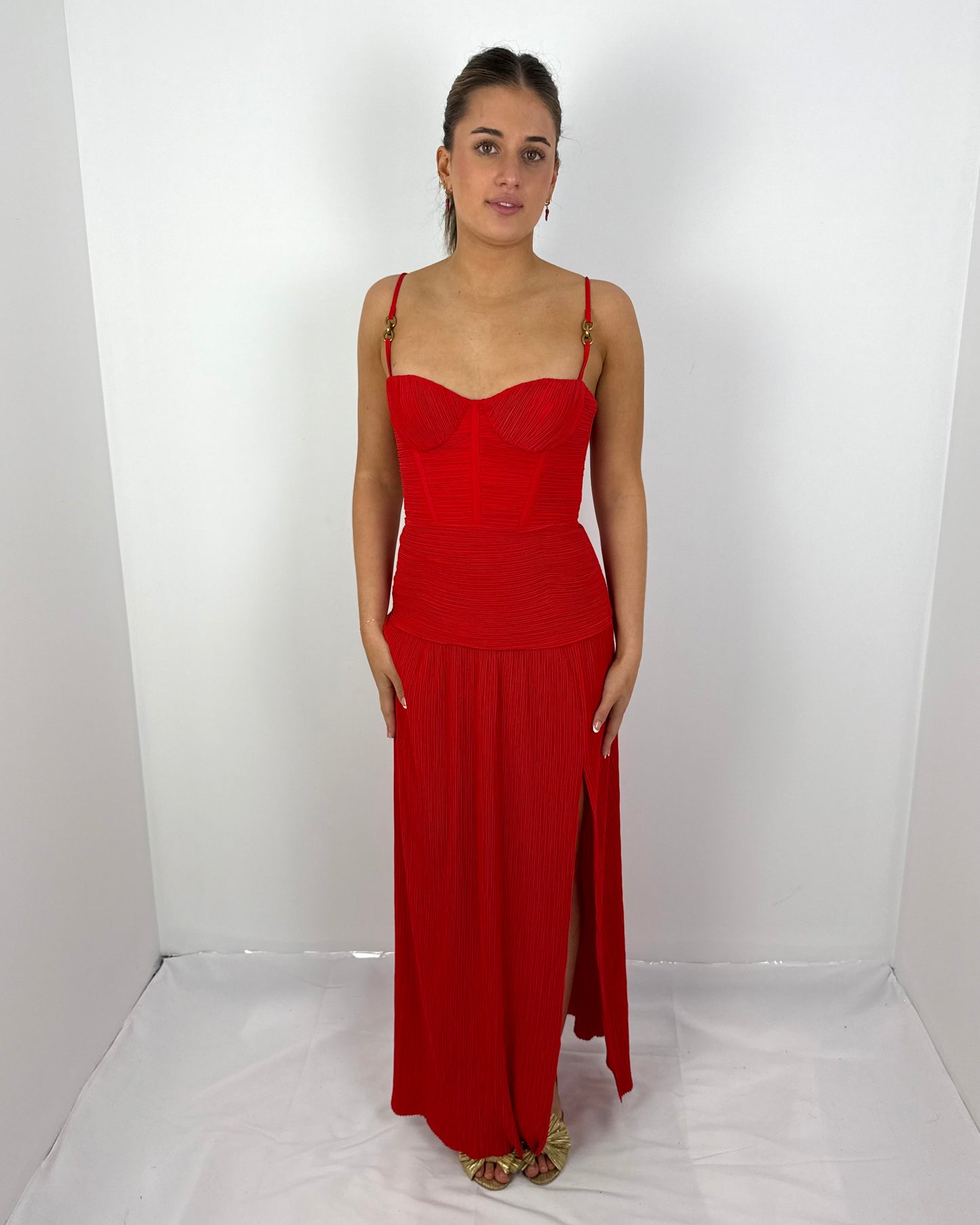 RED DOUBLE TIME PLEAT DRESS