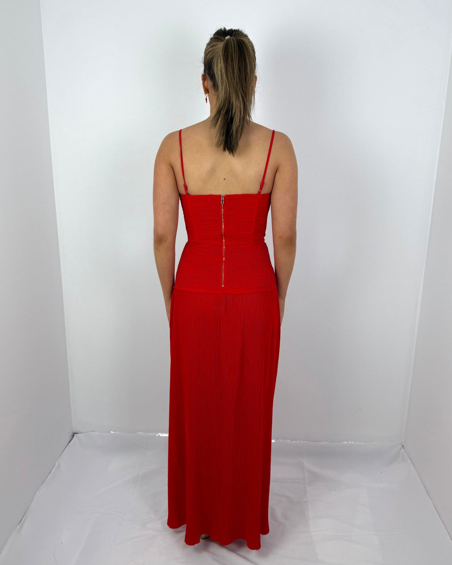 RED DOUBLE TIME PLEAT DRESS