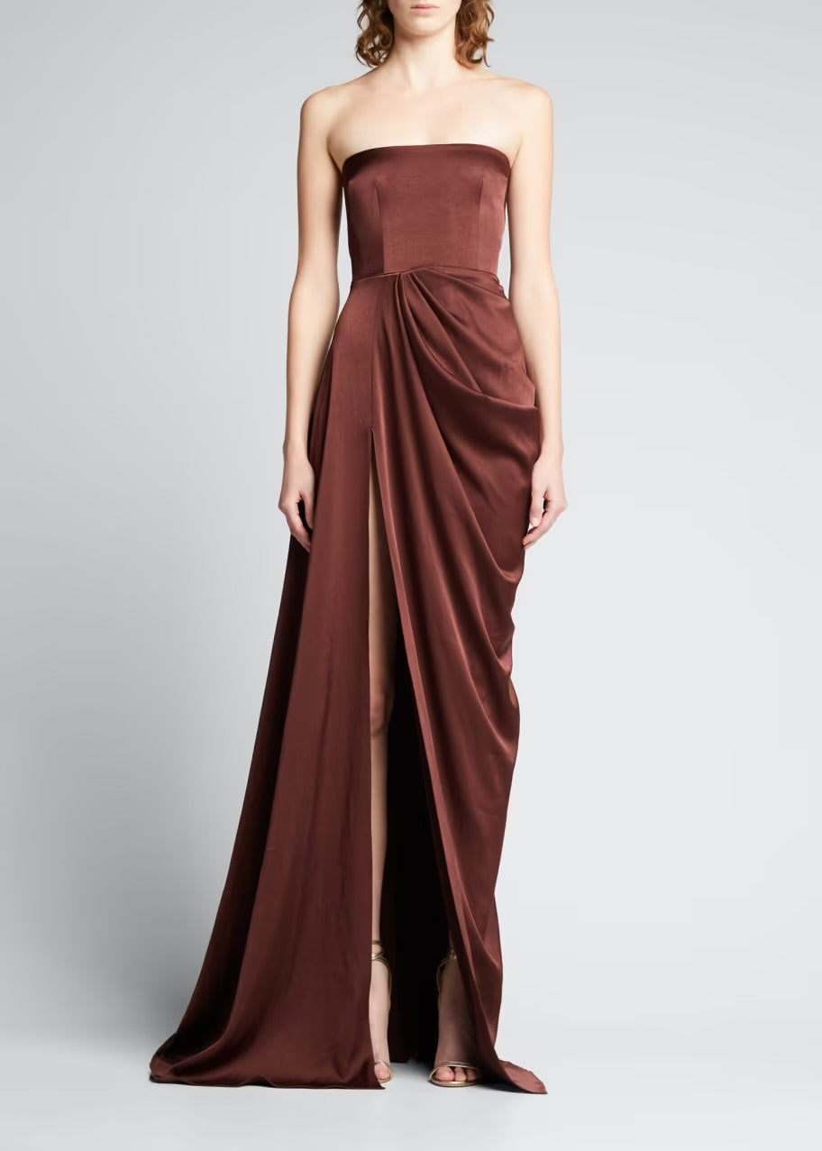 BROWN REED DRAPED CREPE GOWN