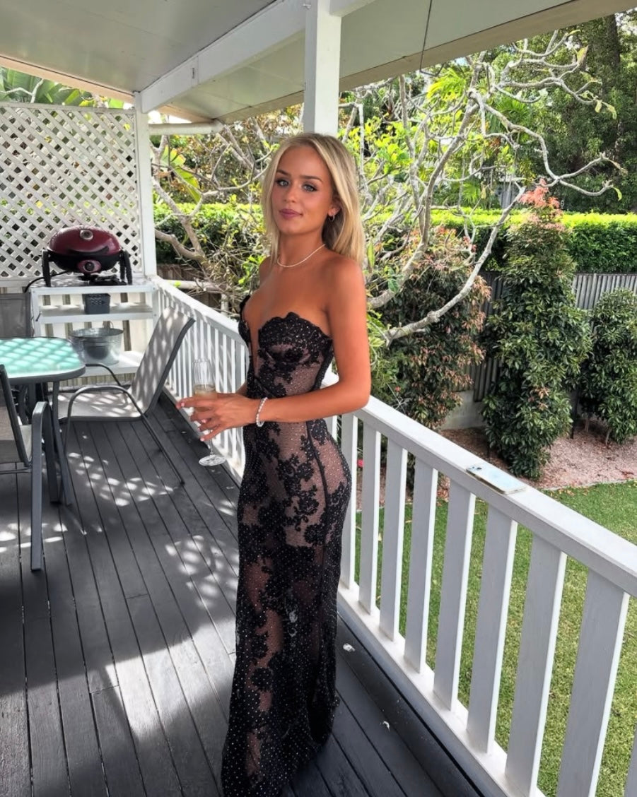 EMBELLISHED SHEER LACE DRESS EMBELLISHED SHEER LACE DRESS