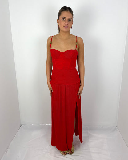 RED DOUBLE TIME PLEAT DRESS