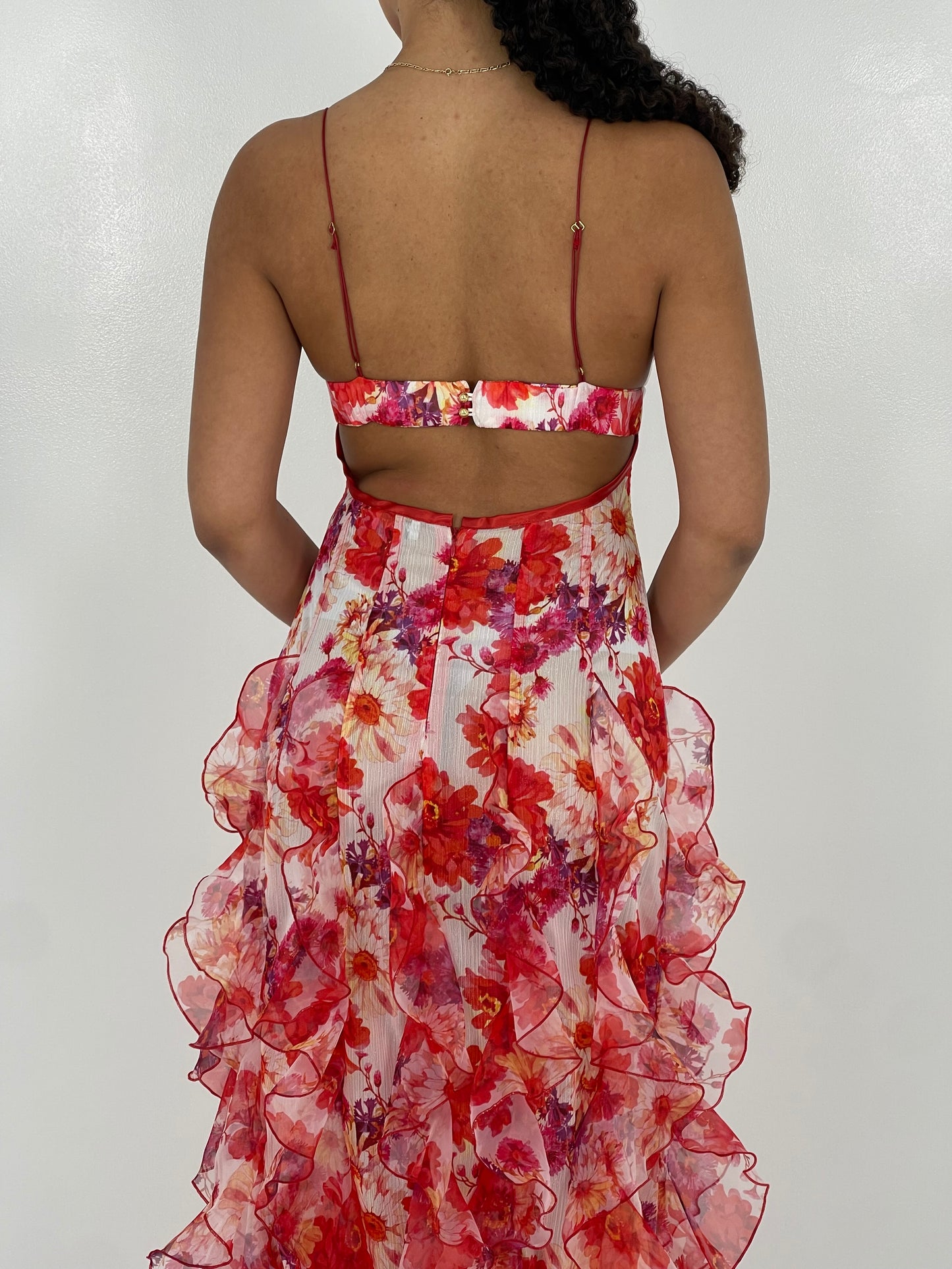 RED IRIS FLOWER MAXI DRESS