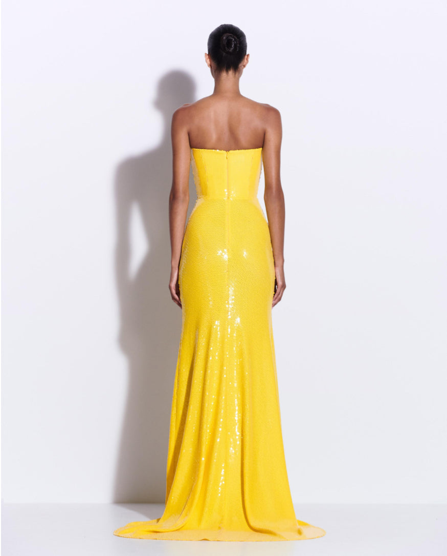 STRAPLESS YELLOW SEQUIN GOWN