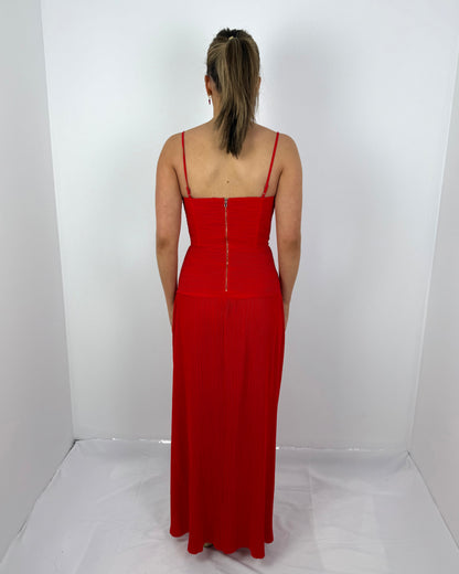RED DOUBLE TIME PLEAT DRESS