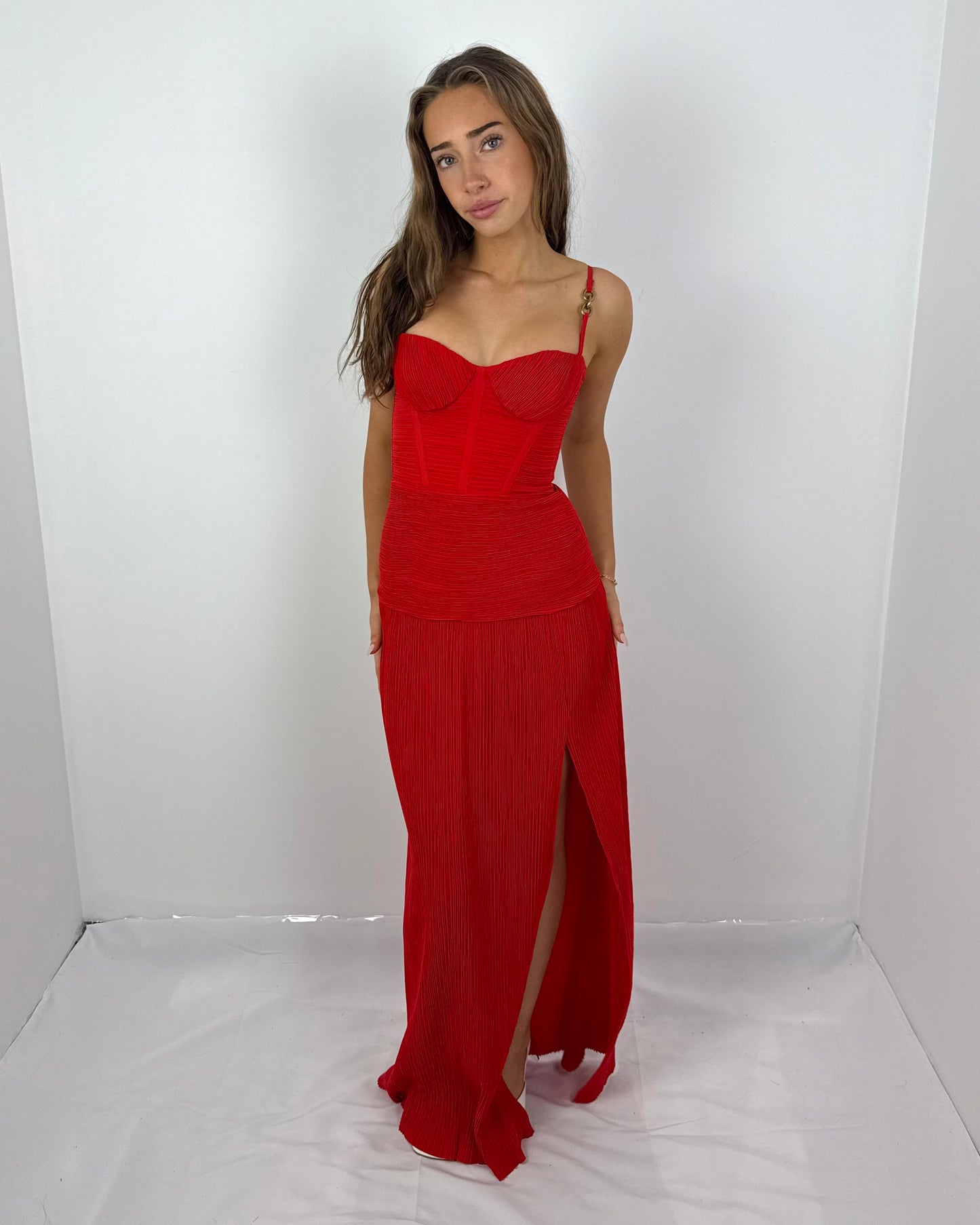 RED DOUBLE TIME PLEAT DRESS