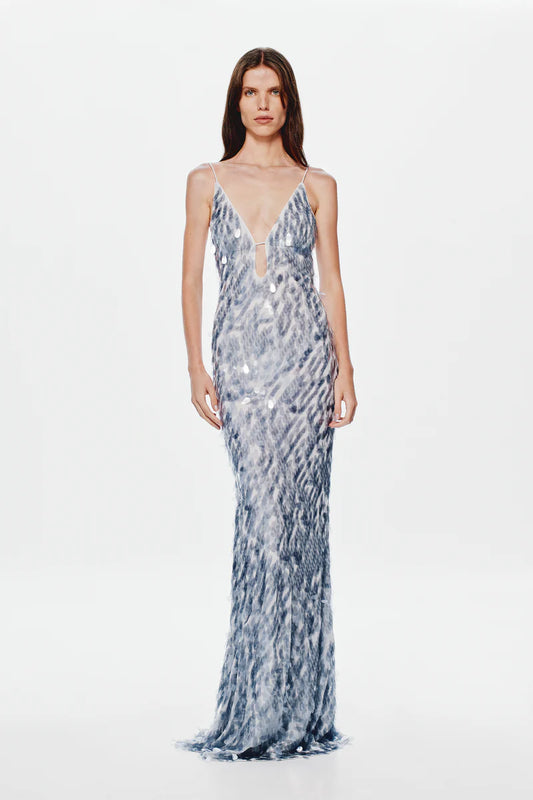 DOVE GREY SAPPHIRE SEQUIN MAXI DRESS