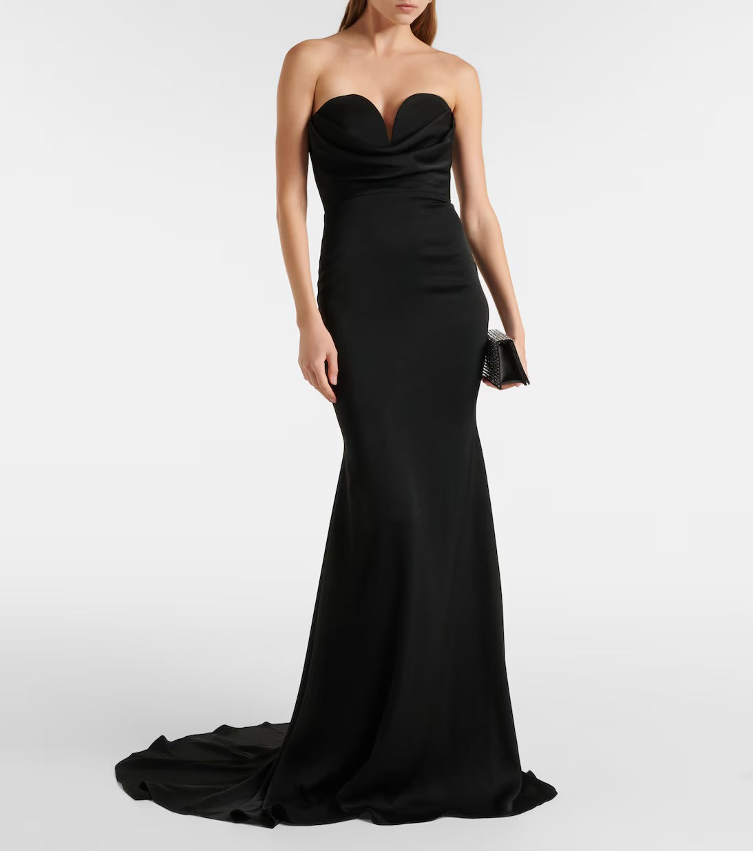 GATHERED STRAPLESS BLACK SATIN GOWN