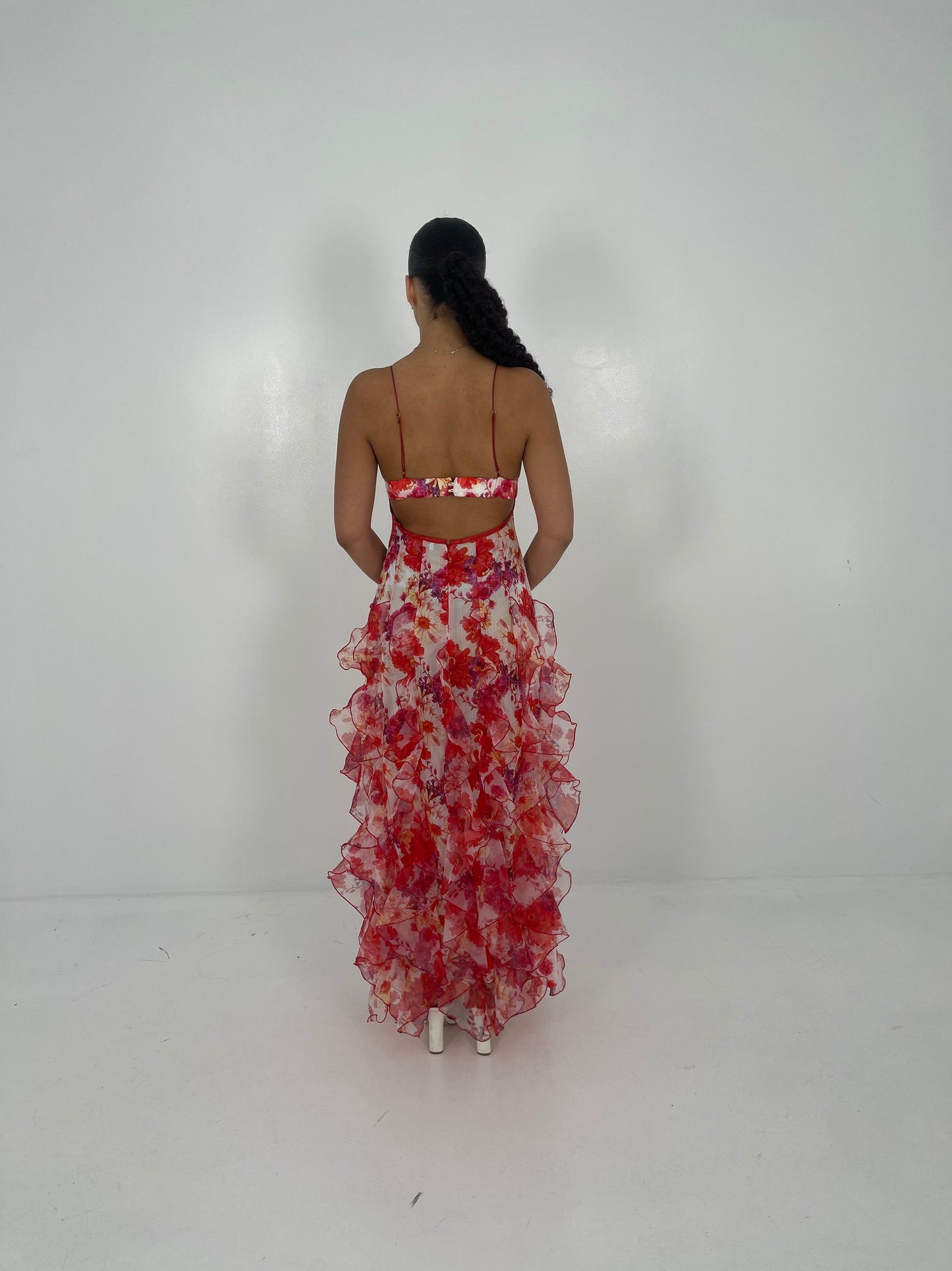 RED IRIS FLOWER MAXI DRESS