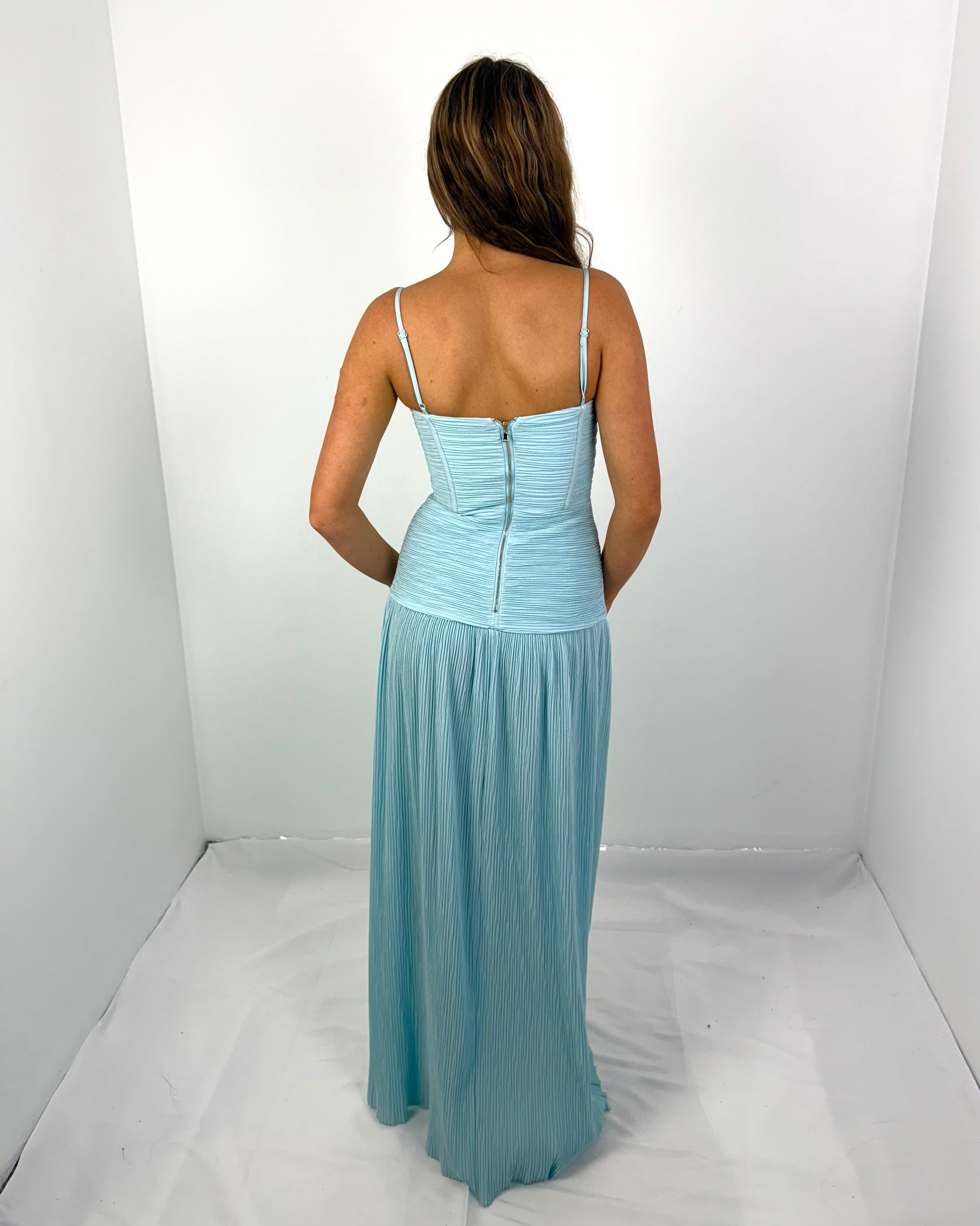 double time pleat dress blue Double Time Pleat Dress