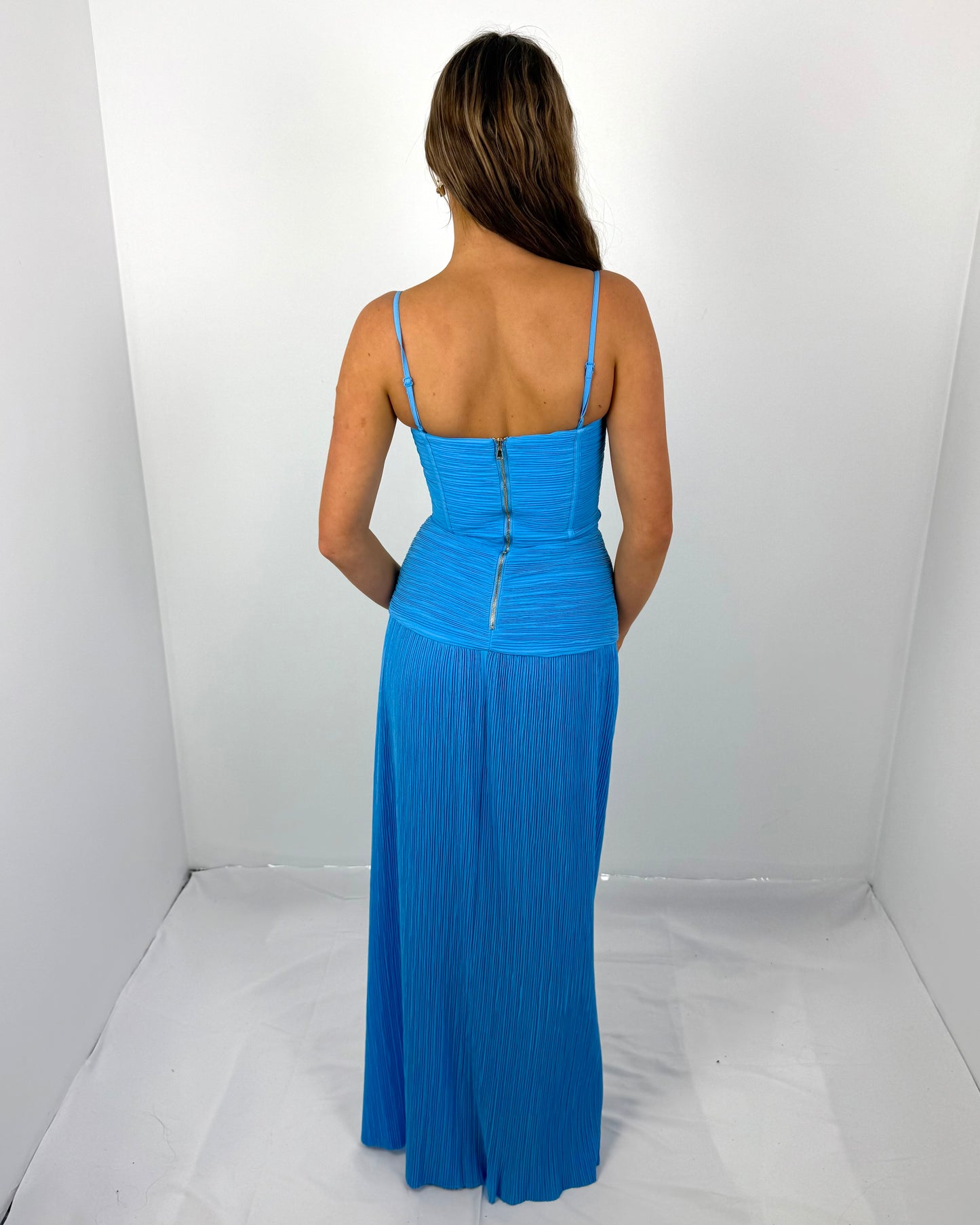 CERULEAN DOUBLE TIME PLEAT DRESS
