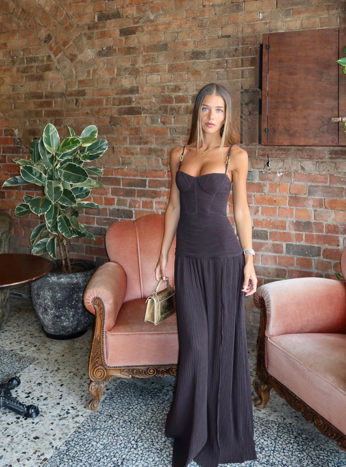 DARK CHOCOLATE DOUBLE TIME PLEAT DRESS