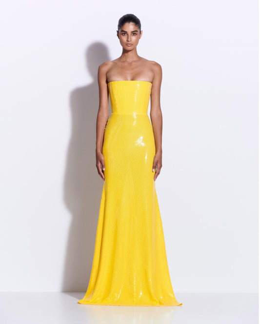 STRAPLESS YELLOW SEQUIN GOWN