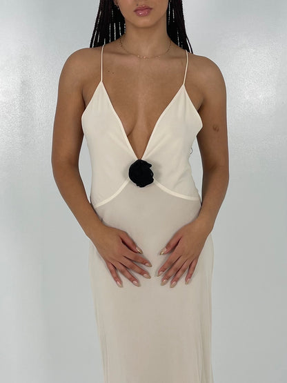 CREAM SHEER DEEP V ROSE DRESS - SALE