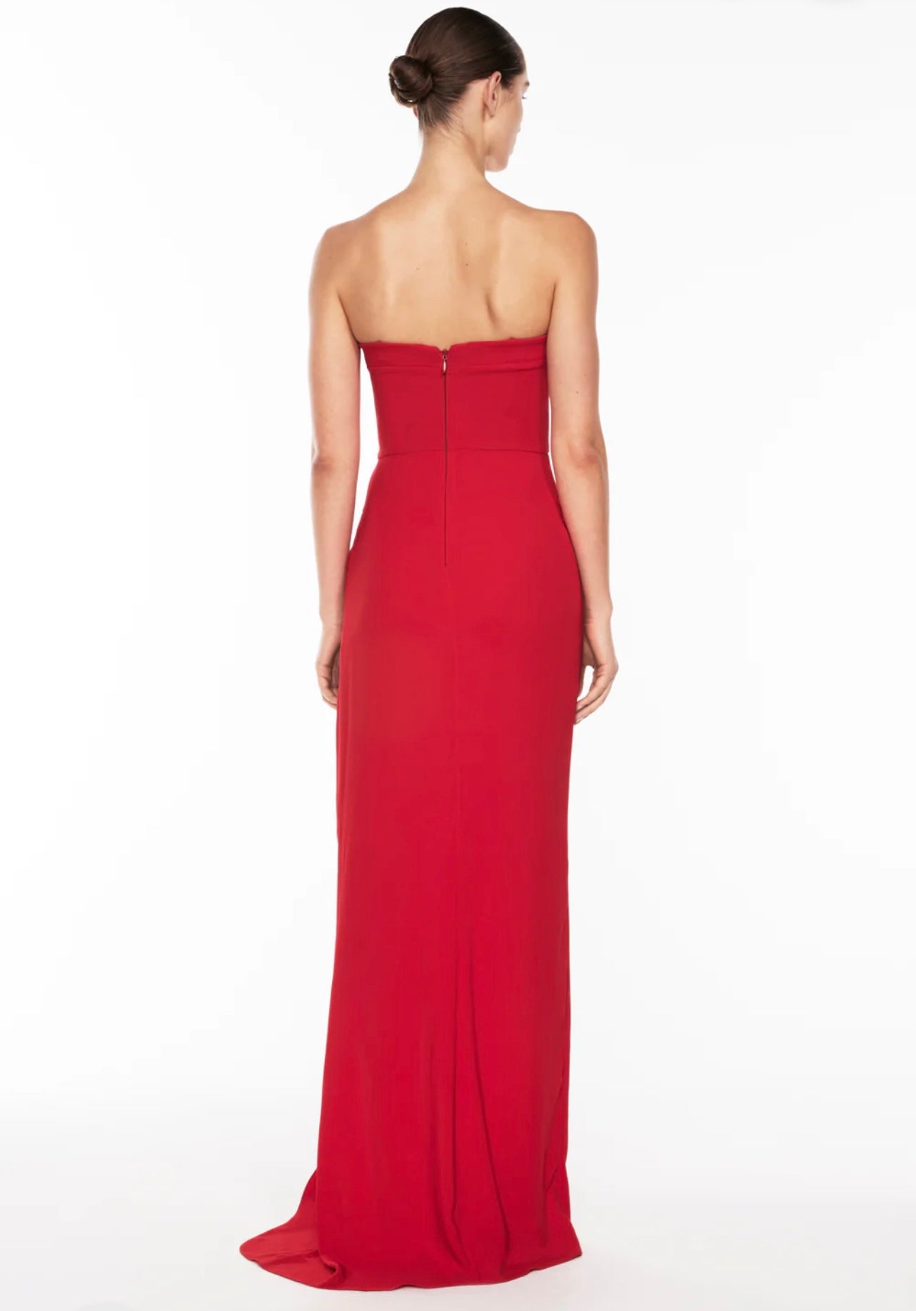 RED ASYMMETRICAL GAMES STRAPLESS GOWN