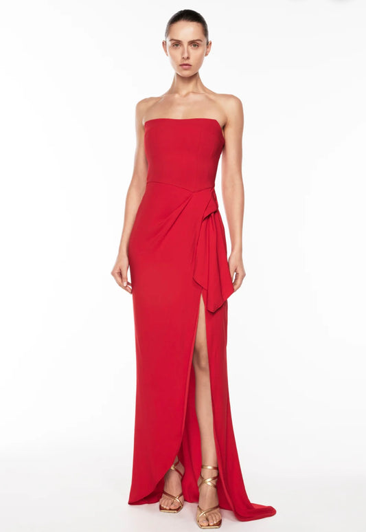 RED ASYMMETRICAL GAMES STRAPLESS GOWN