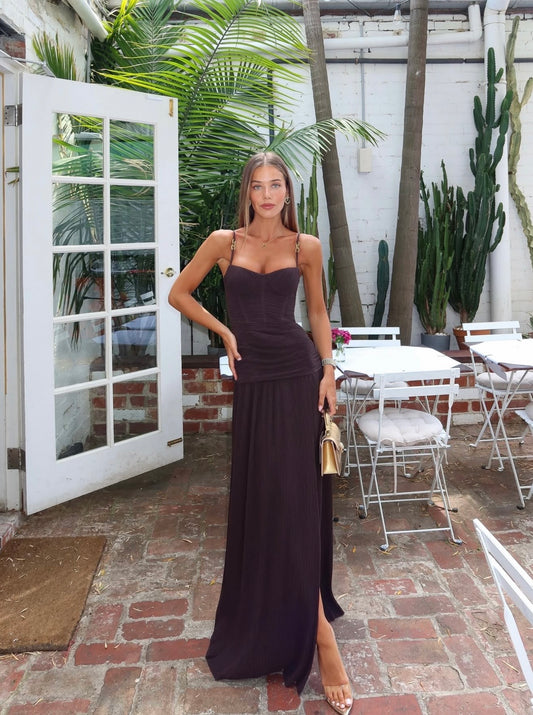 DARK CHOCOLATE DOUBLE TIME PLEAT DRESS