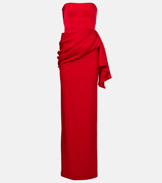 RED DRAPED CREPE SATIN GOWN