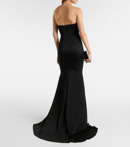 GATHERED STRAPLESS BLACK SATIN GOWN
