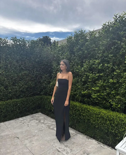 DOUBLE TIME PLEAT STRAPLESS DRESS