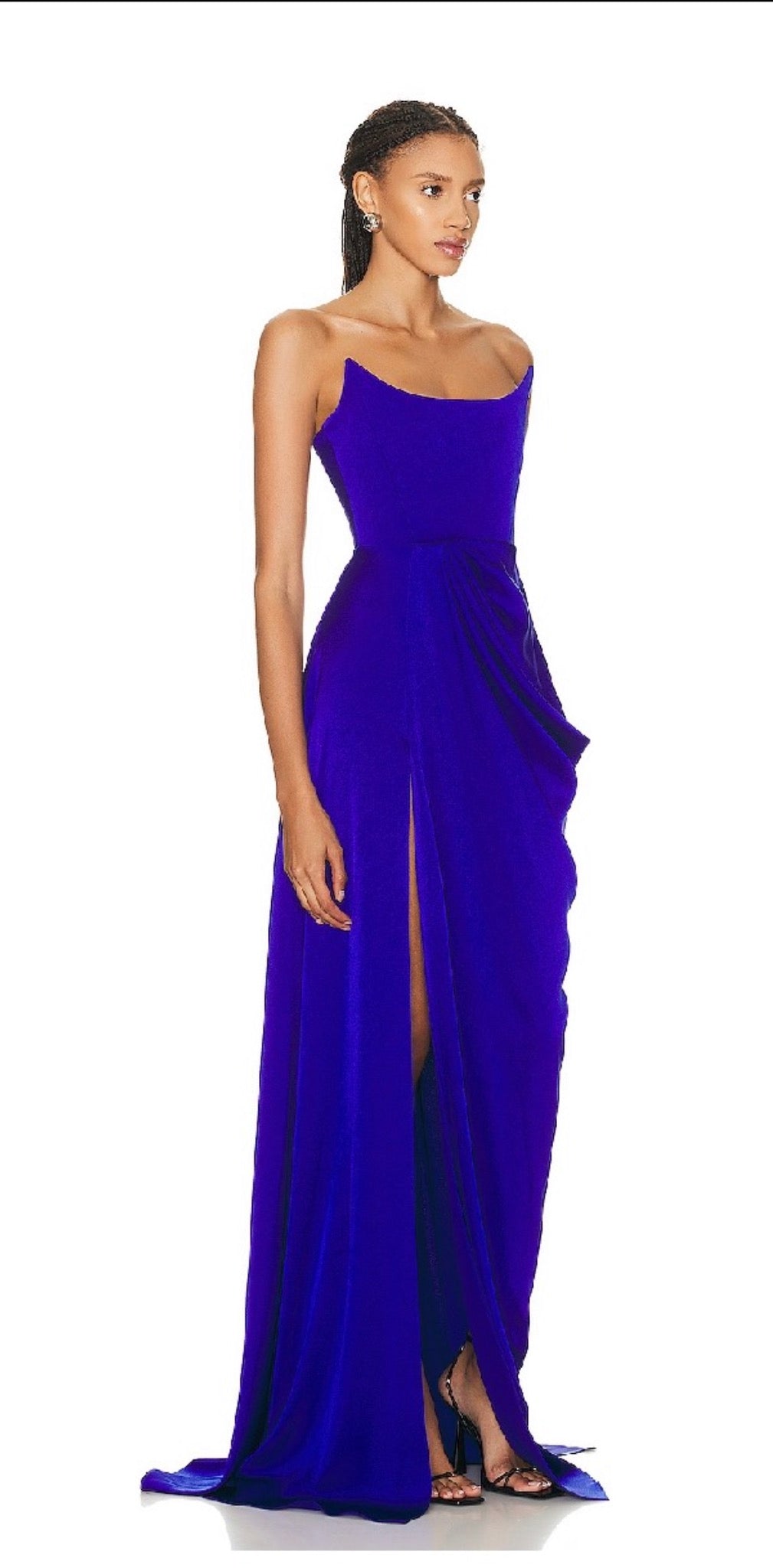 COBALT BLUE DRAPED SATIN BUSTIER GOWN
