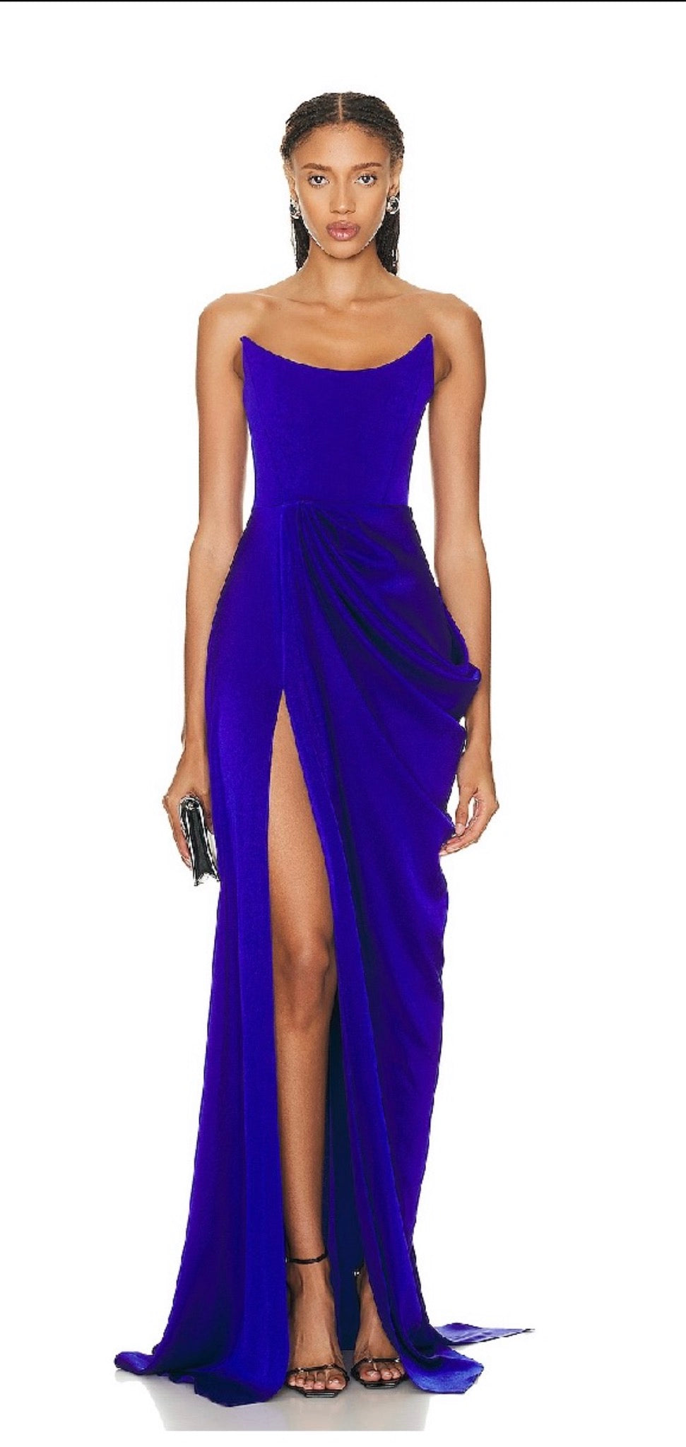 COBALT BLUE DRAPED SATIN BUSTIER GOWN