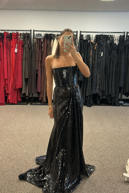STRAPLESS DRAPED BLACK SEQUIN GOWN