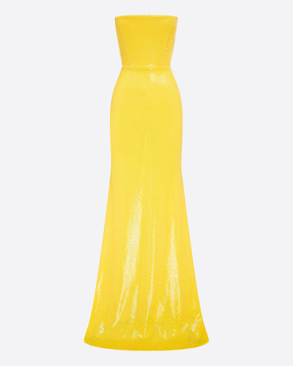 STRAPLESS YELLOW SEQUIN GOWN