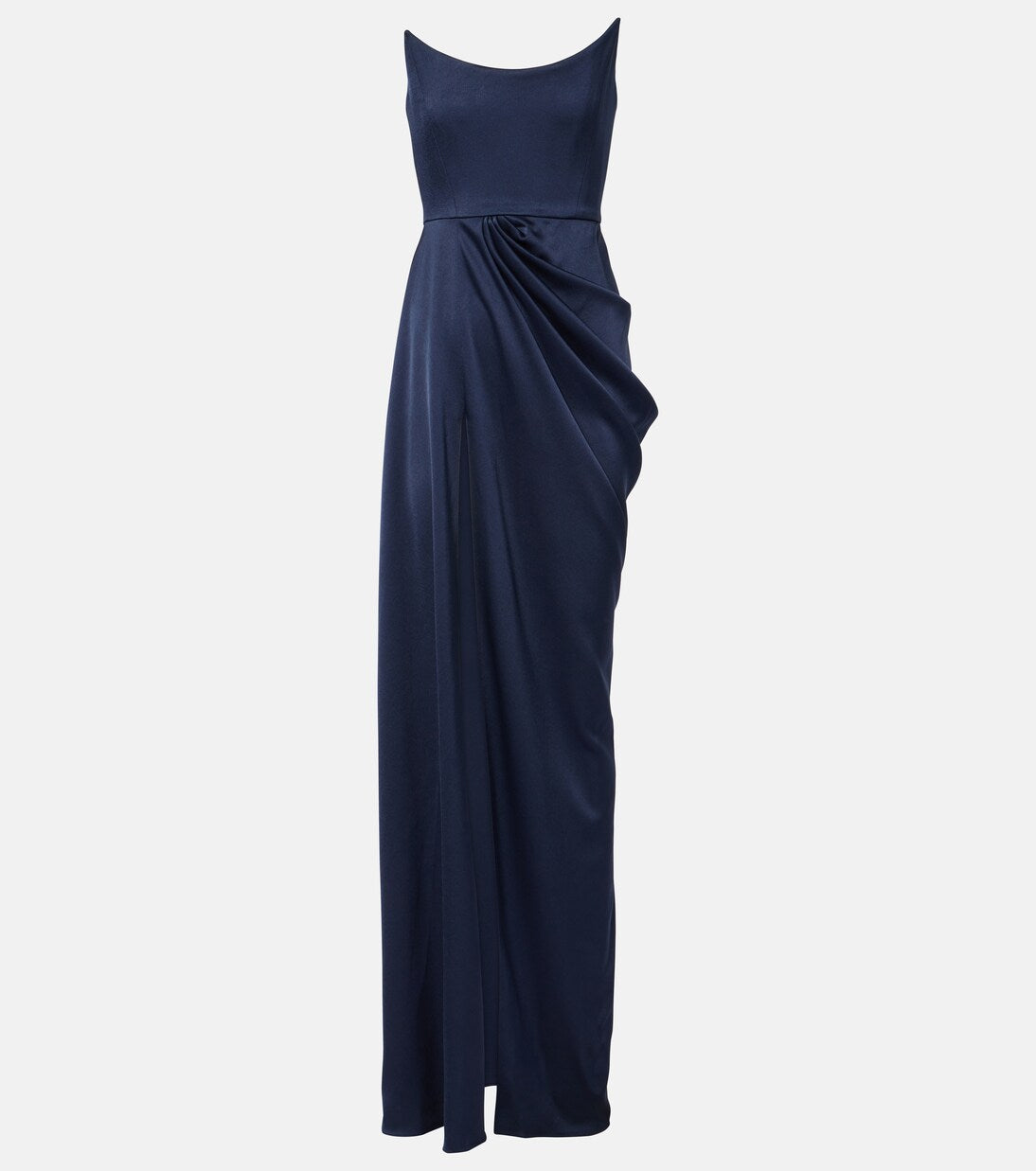 NAVY DRAPED SATIN BUSTIER GOWN