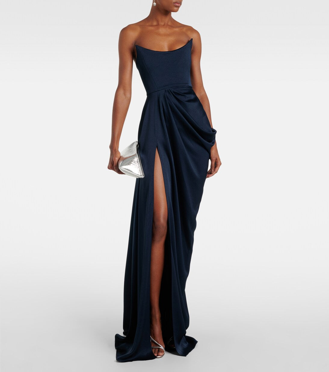 NAVY DRAPED SATIN BUSTIER GOWN